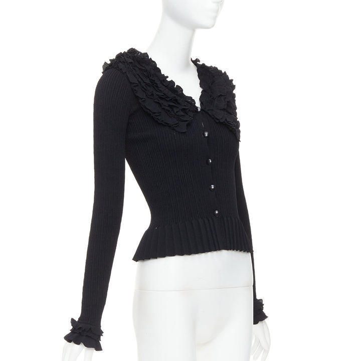 LOUIS VUITTON black ruffle collar cuffs ribbed long sleeves cardigan XS