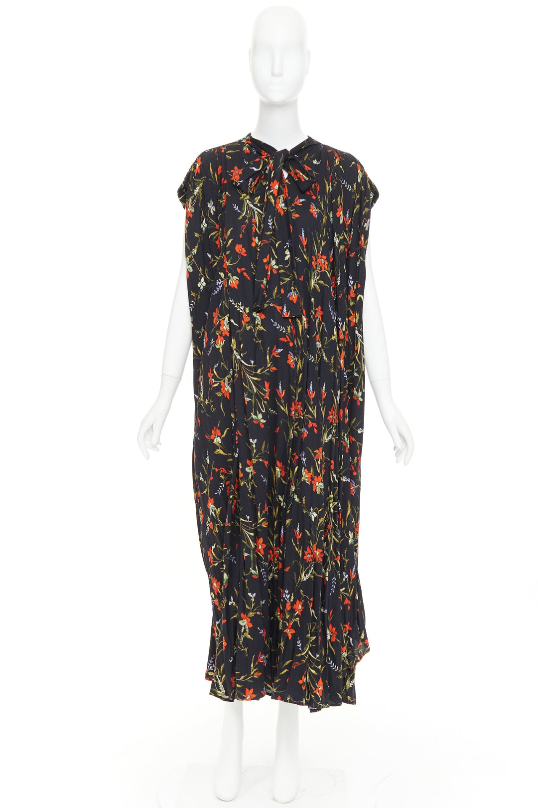 BALENCIAGA 2016 Runway black red floral Voluminous pleat maxi tent dress FR36 S