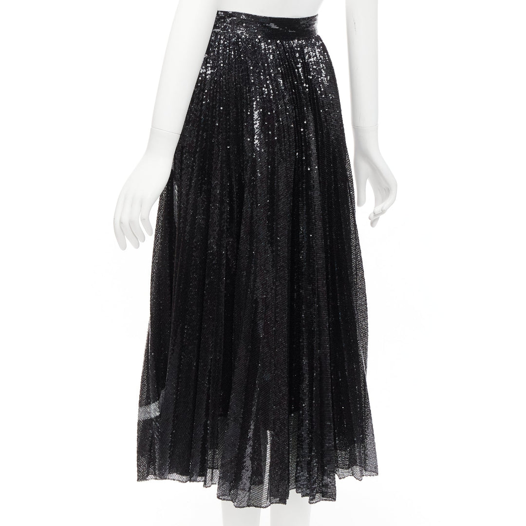 VALENTINO VLOGO black silver sequins embellished pleated plisse midi skirt XS