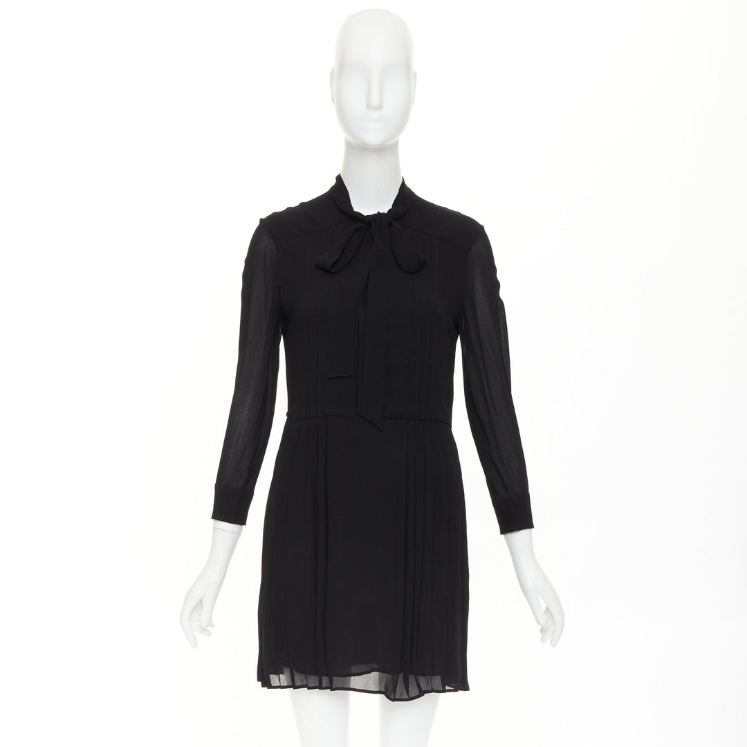 SAINT LAURENT 2013 black acetate blend pussybow pleated mini dress FR36 S