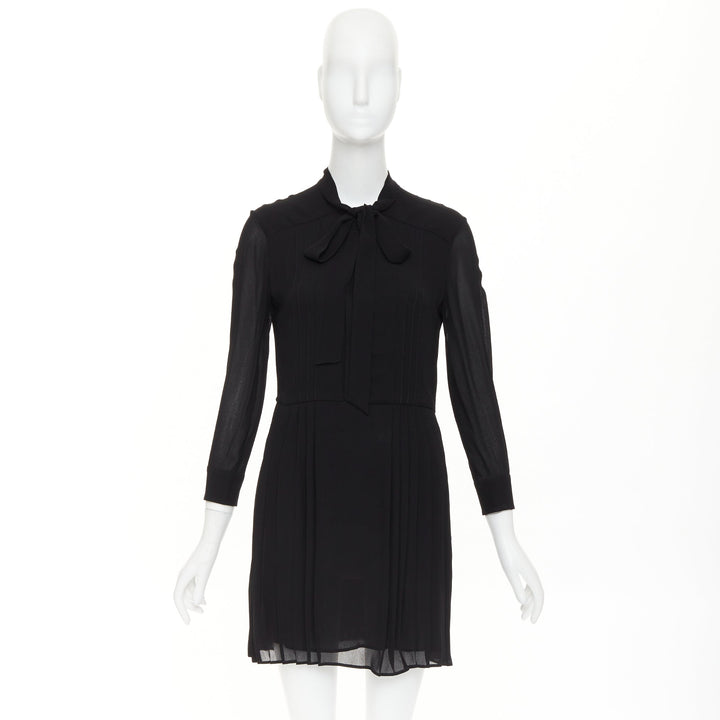 SAINT LAURENT 2013 black acetate blend pussybow pleated mini dress FR36 S