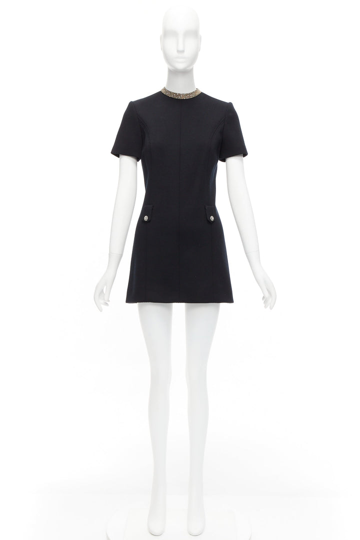 SAINT LAURENT black 100% wool diamante collar silk lined shift dress FR36 S