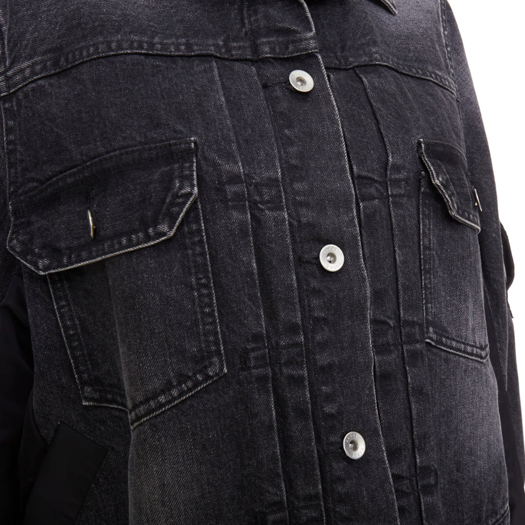 SACAI 2019 grey washed cotton blend denim black nylon hybrid jacket JP2 M