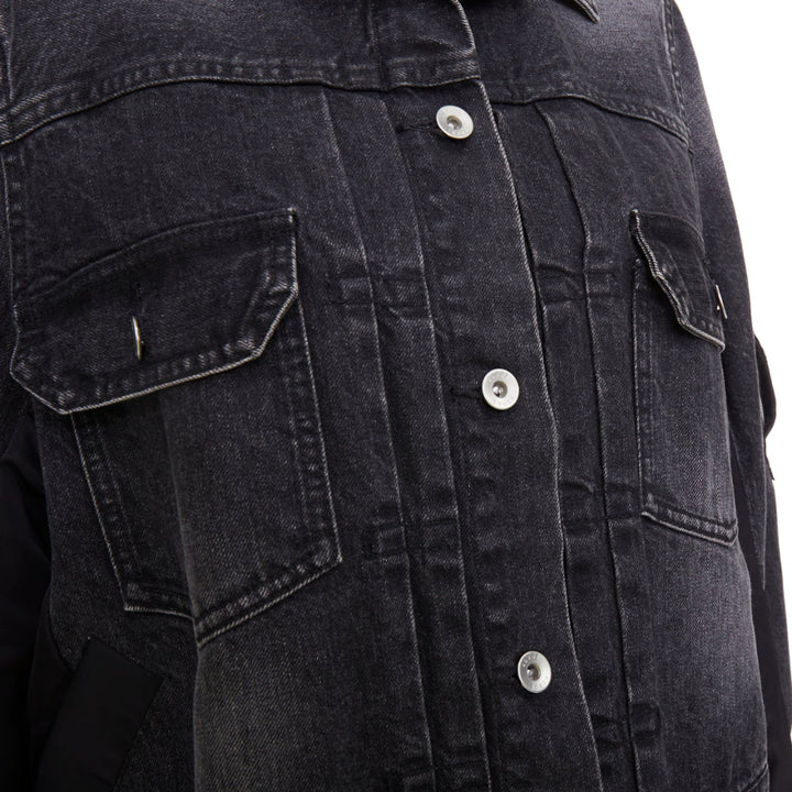 SACAI 2019 grey washed cotton blend denim black nylon hybrid jacket JP2 M