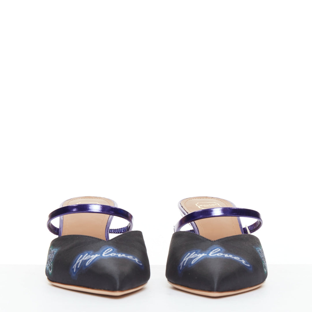 MALONE SOULIERS Marla Hey Lover blue black brocade satin strapped mules EU37