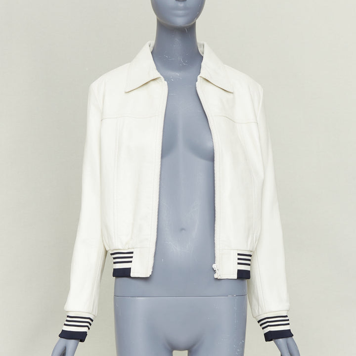 CELINE  cream textured lamb leather black striped ribbed cropped jacket FR38 M