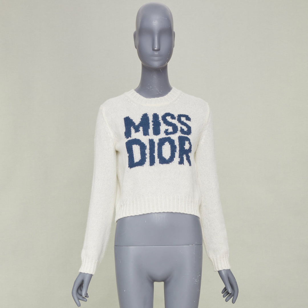 DIOR 2024 Miss Dior graffiti intarsia ecru white cashmere silk sweater FR34 XS