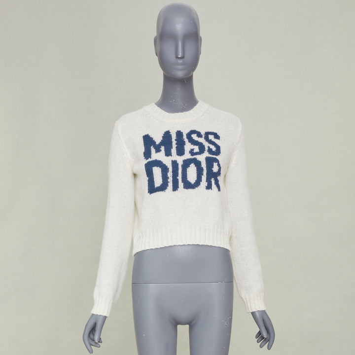 DIOR 2024 Miss Dior graffiti intarsia ecru white cashmere silk sweater FR34 XS