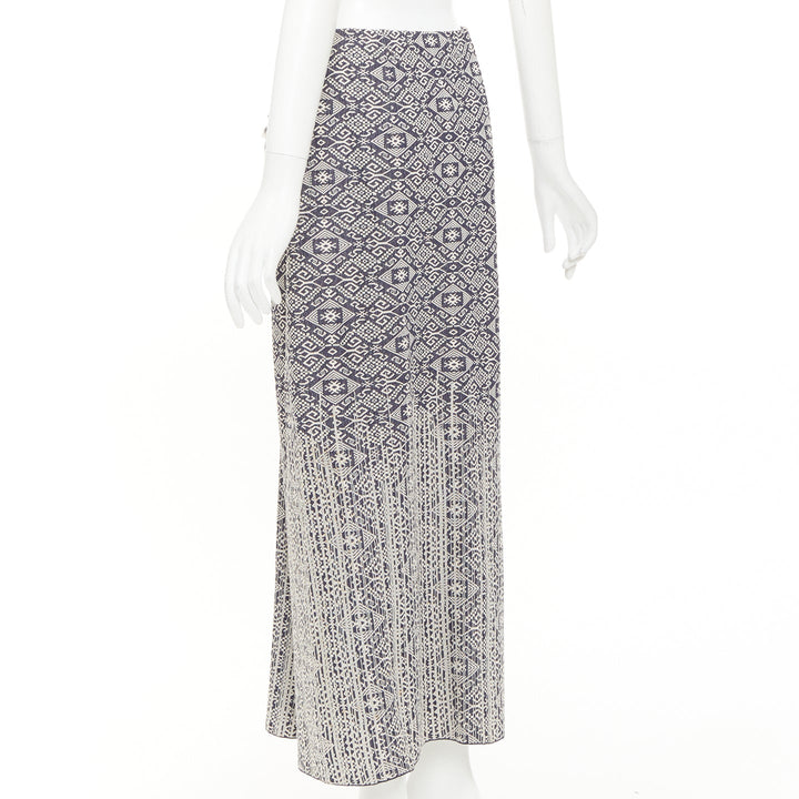 CHANEL 2014 blue cream CC geometric diamond jacquard frayed wrap skirt FR40 L