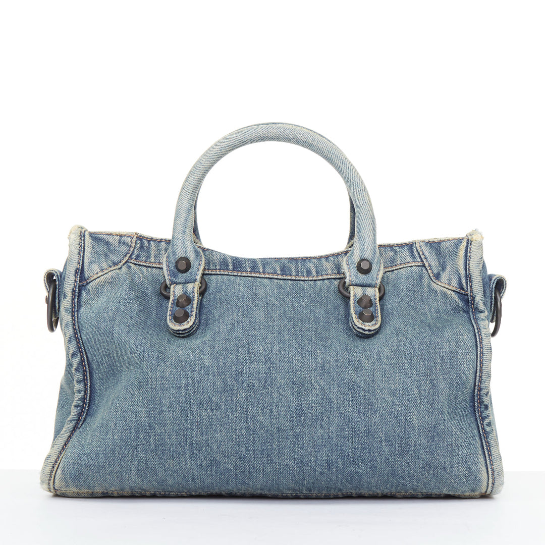 BALENCIAGA Le City Small blue washed denim gunmetal studded top handle bag