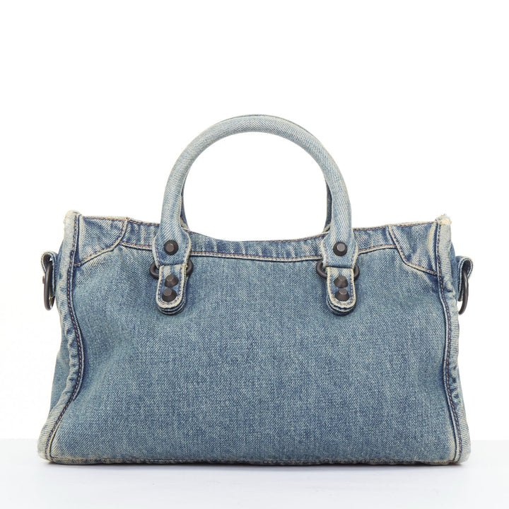 BALENCIAGA Le City Small blue washed denim gunmetal studded top handle bag