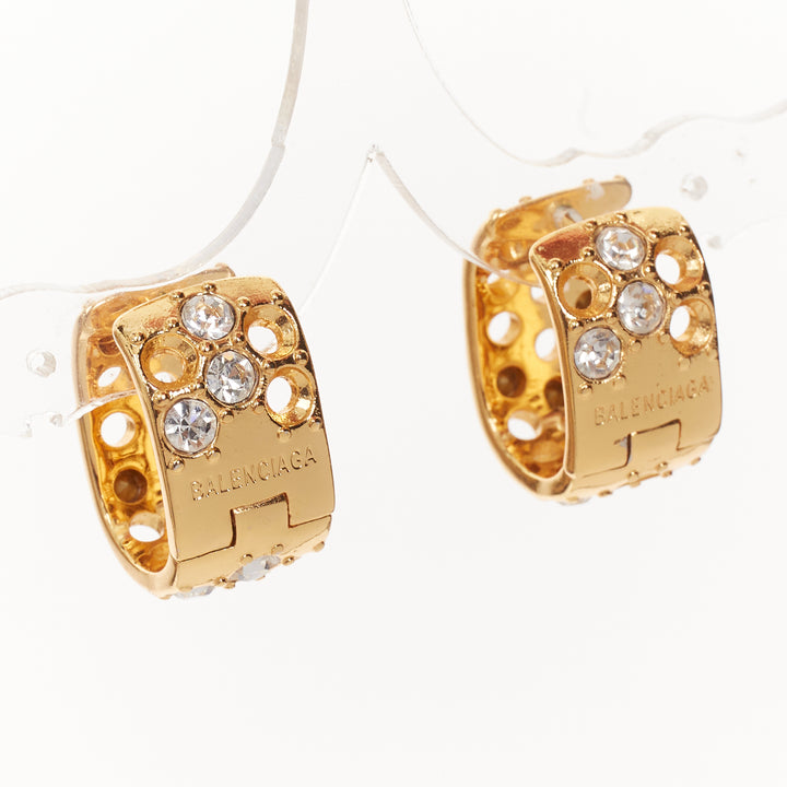 BALENCIAGA 2021 Demna gold tone logo crystals chunky U shape hoop earrings