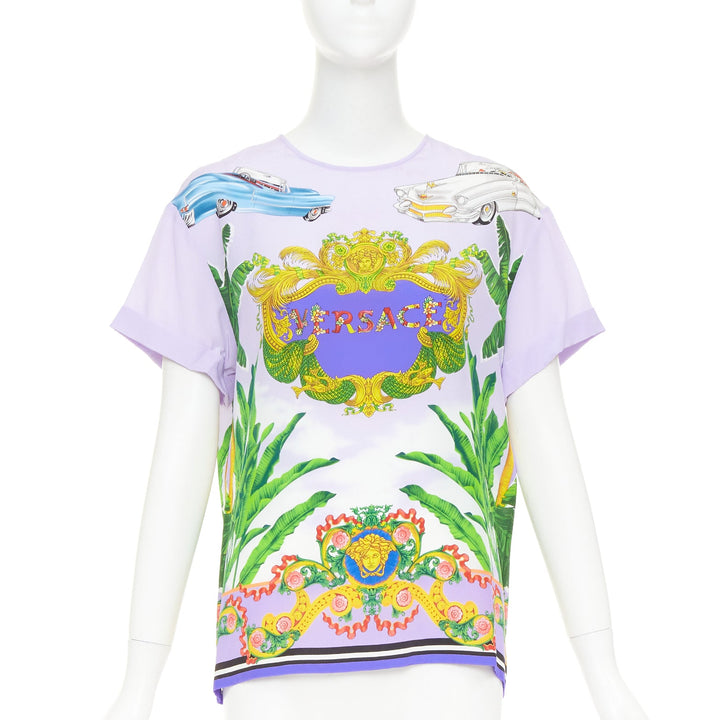 VERSACE Beverly Palm lilac purple silk print short sleeve top IT40 S