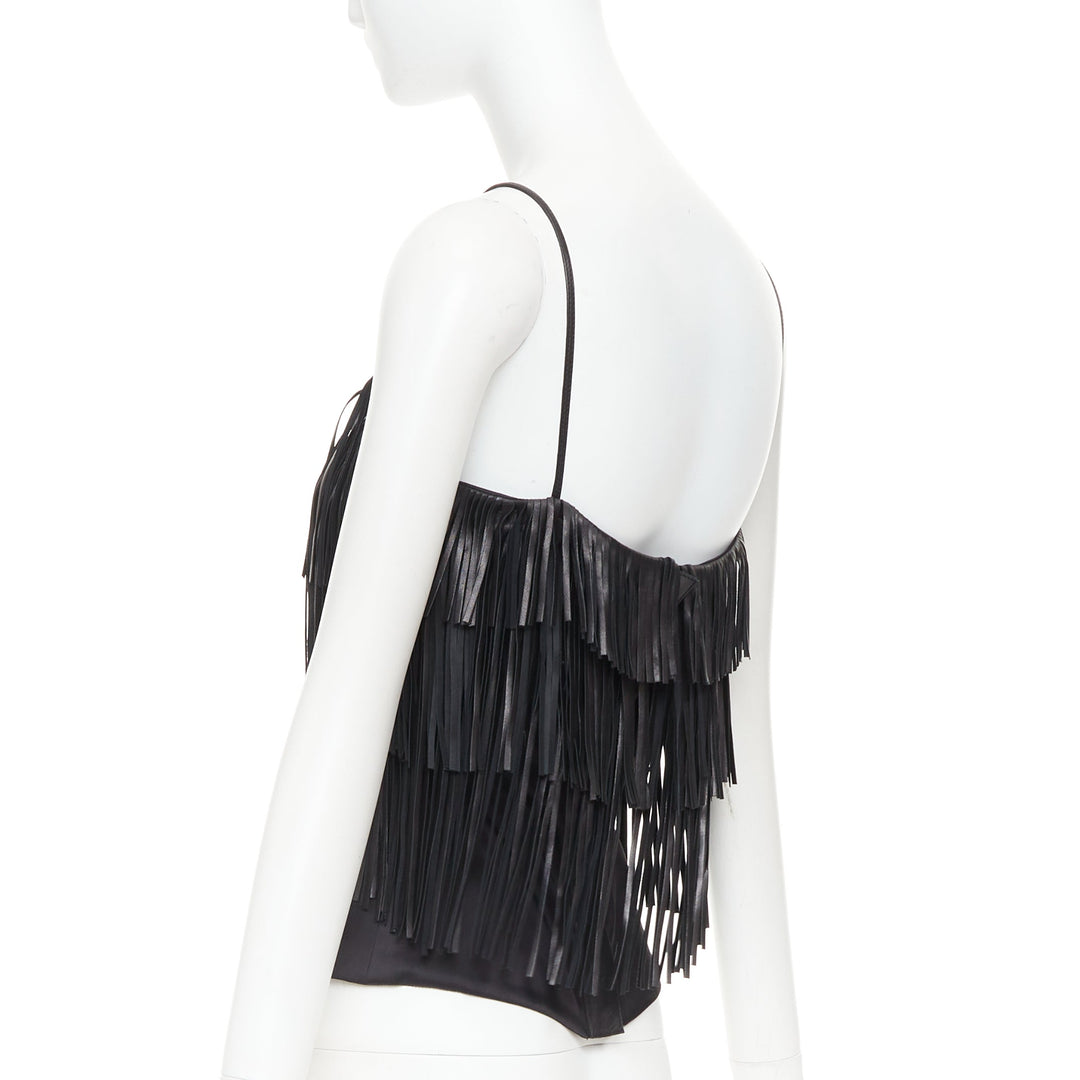 JITROIS black fringed lambskin leather silk blend lined flapper top FR38 M