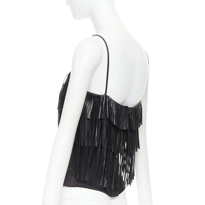 JITROIS black fringed lambskin leather silk blend lined flapper top FR38 M