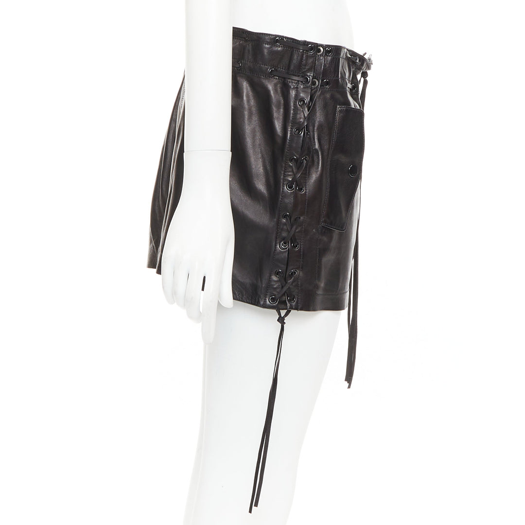 SAINT LAURENT 2018 black lambskin leather drawstring waist mini skirt FR36 S