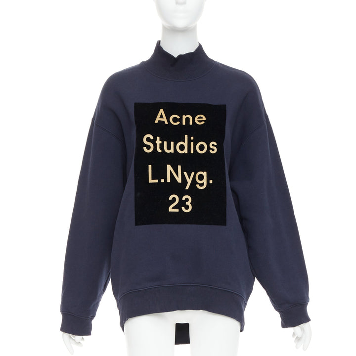ACNE STUDIOS Beta Double Flock navy logo print mock neck sweater XS