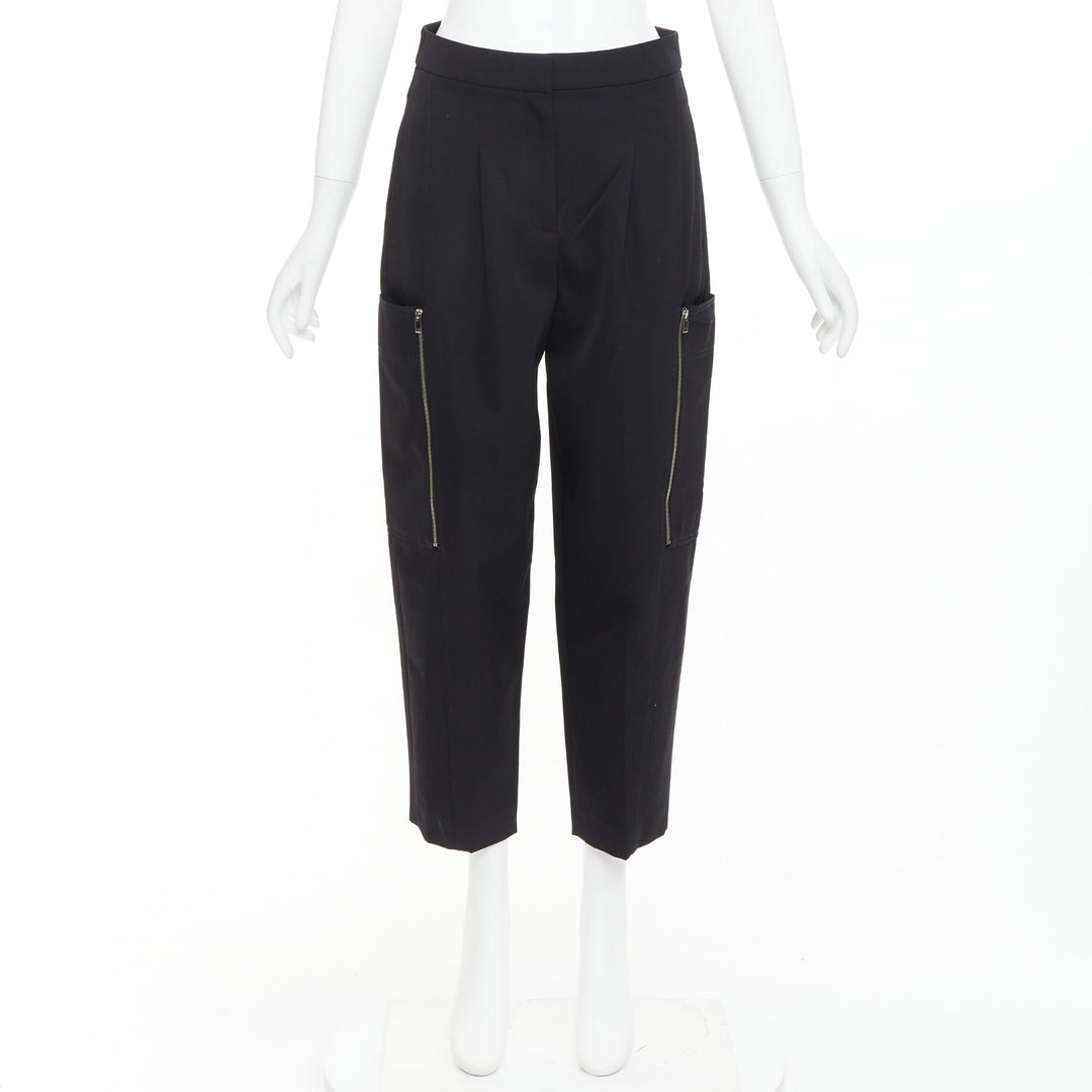 STELLA MCCARTNEY black wool twill silver zip pocketed tapered pants IT36 XXS