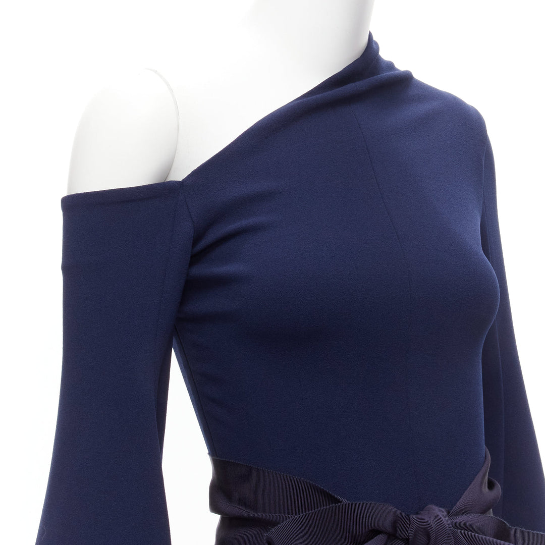 SOLACE LONDON Haso navy blue asymmetric stretch crepe bell sleeves dress UK4 XXS