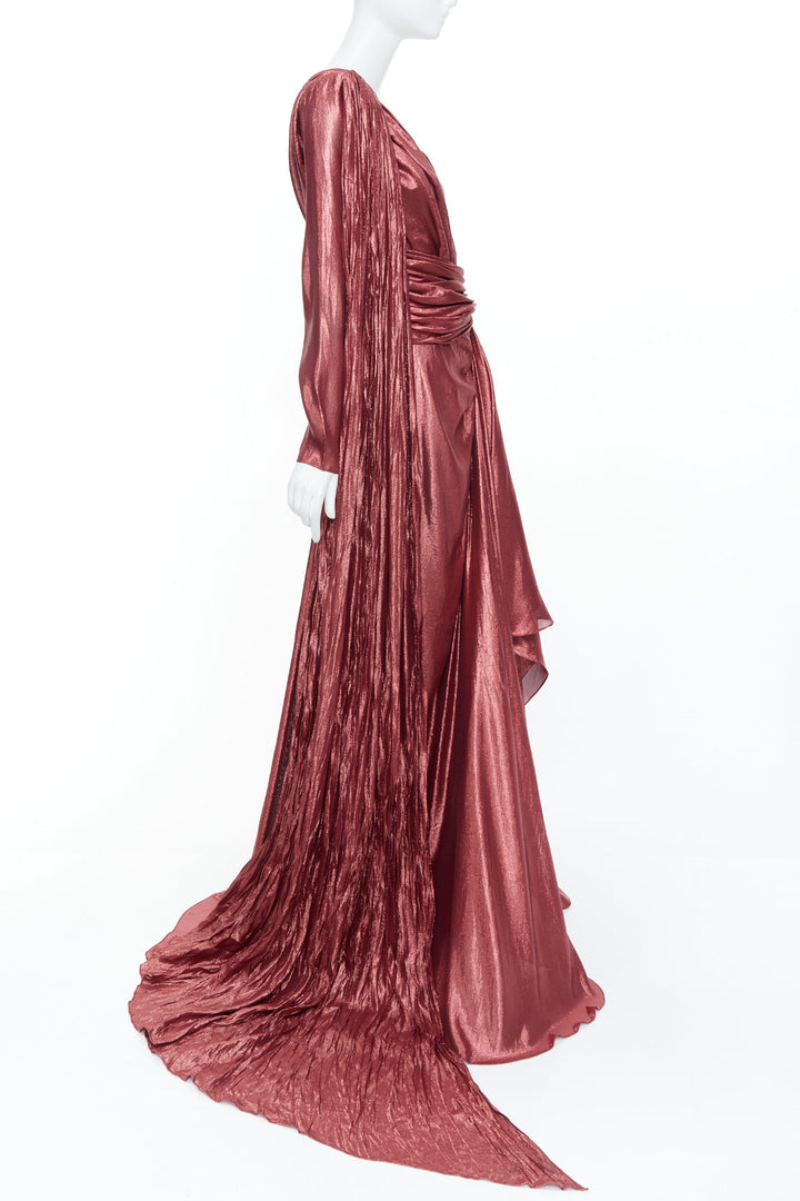 GUCCI 2019 bronze silk blend lame one shoulder asymmetric cape train gown IT40 S