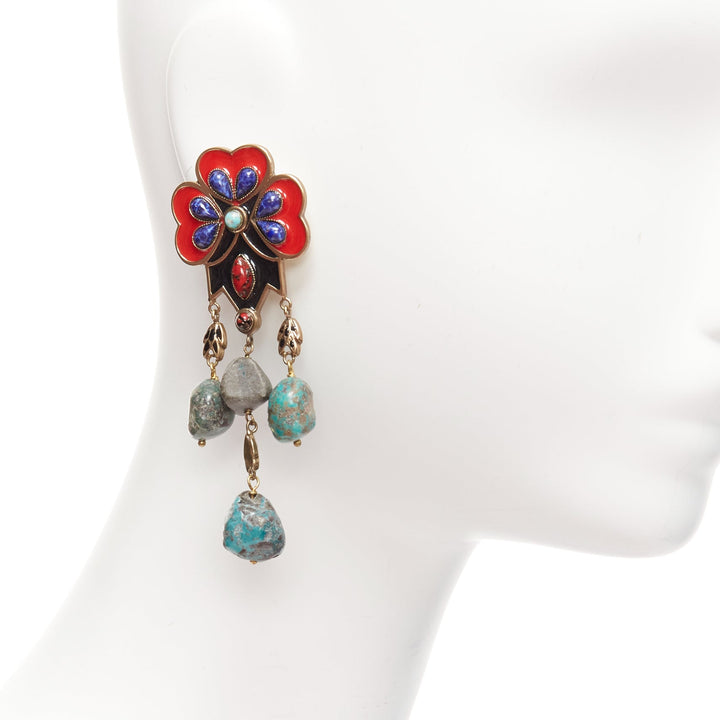 ETRO red blue enamel flower drop stone gold drop clip on earrings pair