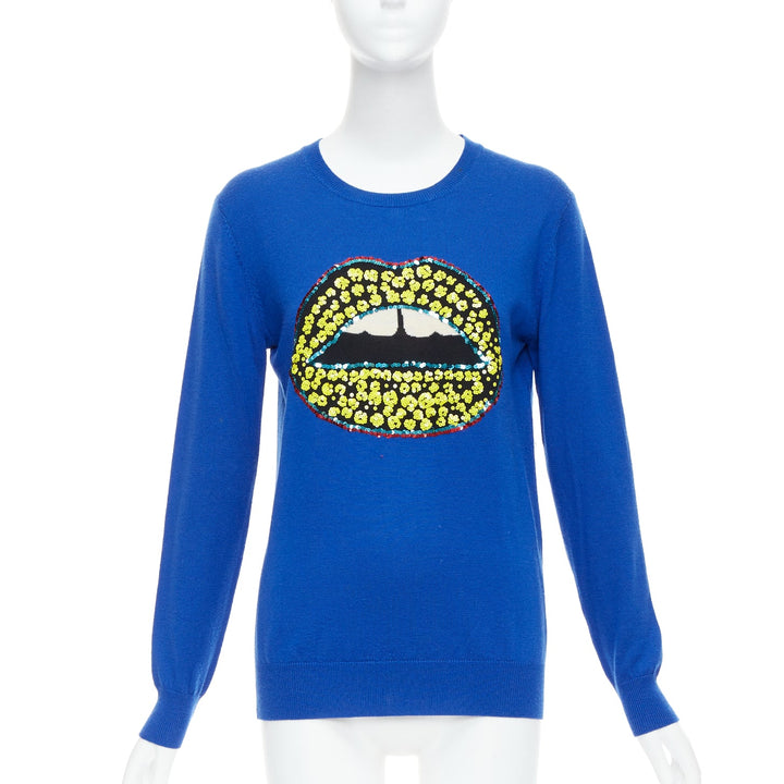 MARKUS LUPFER blue merino wool yellow sequin lip sweater S