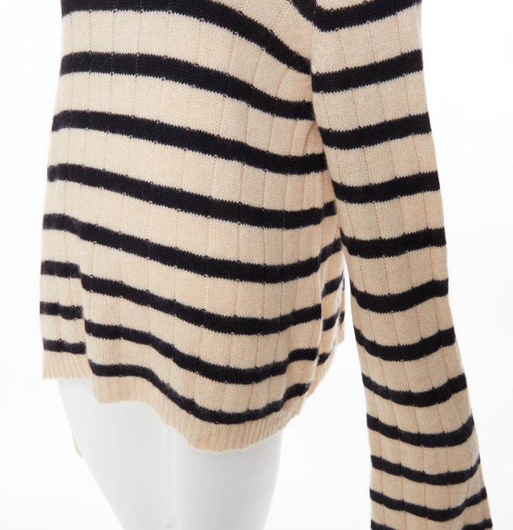 KHAITE 2022 Mateo Butter Black Stripe ribbed cashmere wide collar sweater S