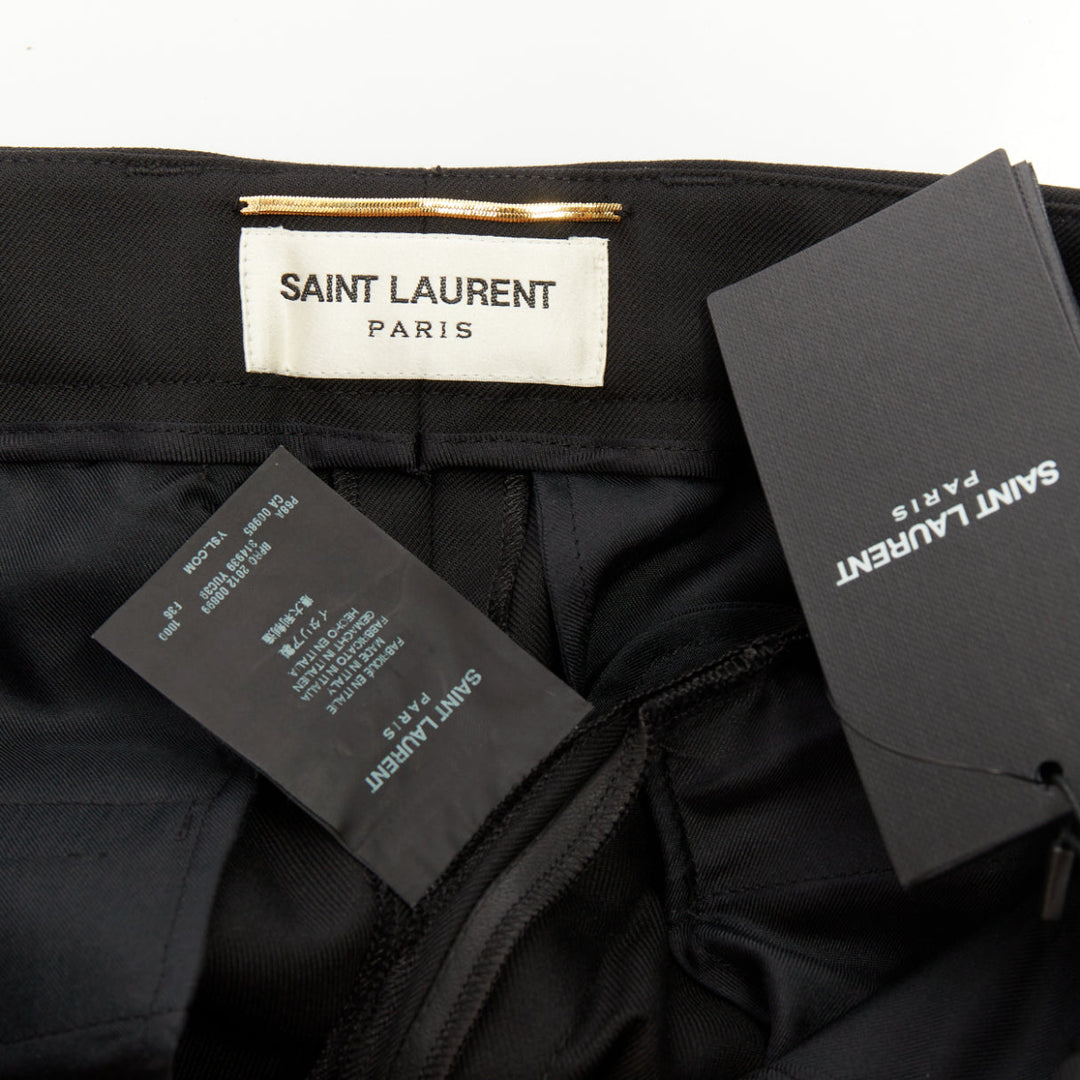SAINT LAURENT 2012 black wool pleated high waist leather trim shorts FR36 S
