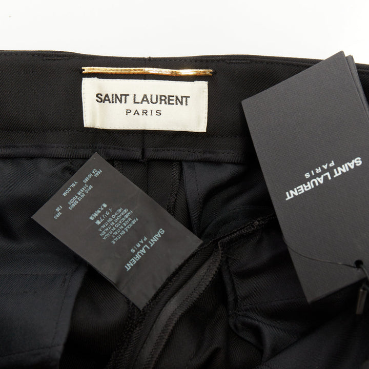SAINT LAURENT 2012 black wool pleated high waist leather trim shorts FR36 S