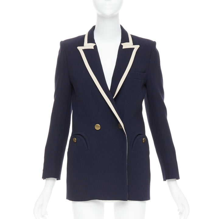 BLAZE MILANO Everyday navy virgin wool cream silk curved pocket blazer US0 XS