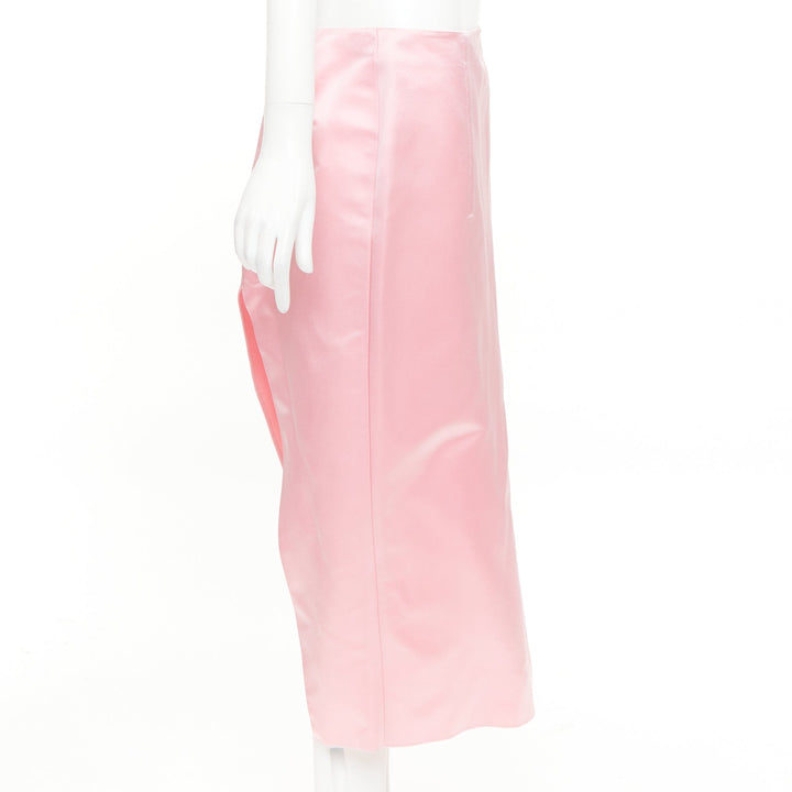 PRADA 2022 Raf Simons Runway pink double satin high rear split midi skirt IT42 M