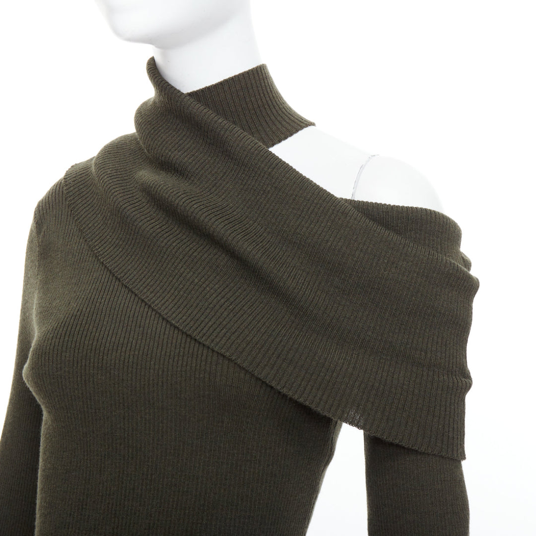 MONSE green merino wool fold over draped off shoulder sweater S