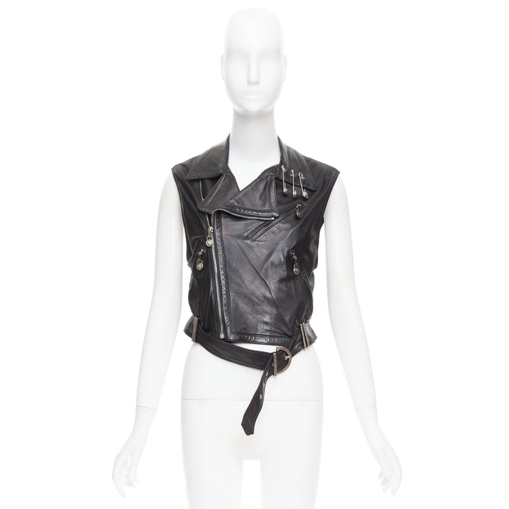GIANNI VERSACE 1994 Vintage leather medusa safety pin biker vest IT38 XS