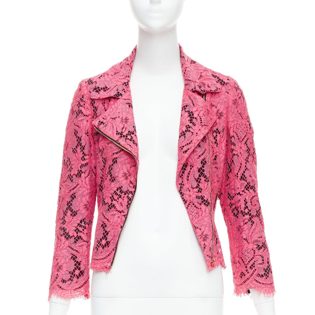 MSGM pink cotton blend lace side zip cropped biker jacket IT40 S