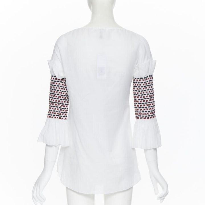 ROSIE ASSOULIN white ethnic embroidery smocked sleeves off shoulder top US4