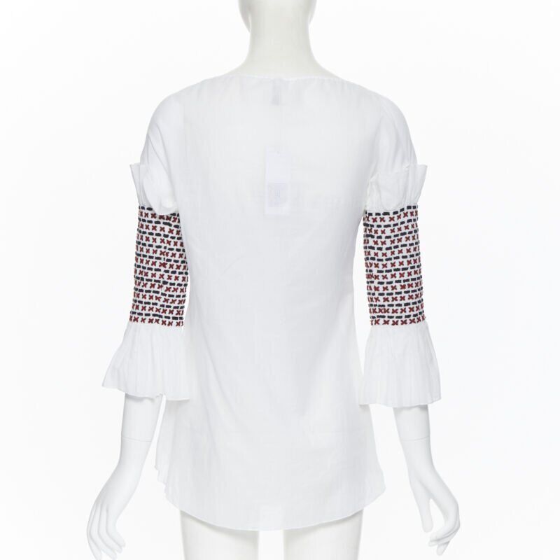 ROSIE ASSOULIN white ethnic embroidery smocked sleeves off shoulder top US0