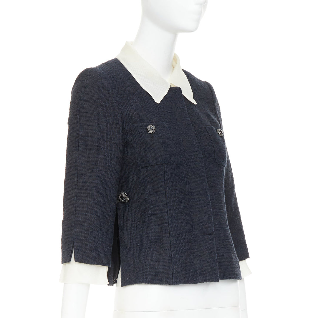 CHANEL 2010 Karl Lagerfeld Runway black cream silk trim collar crop coat FR36 S
