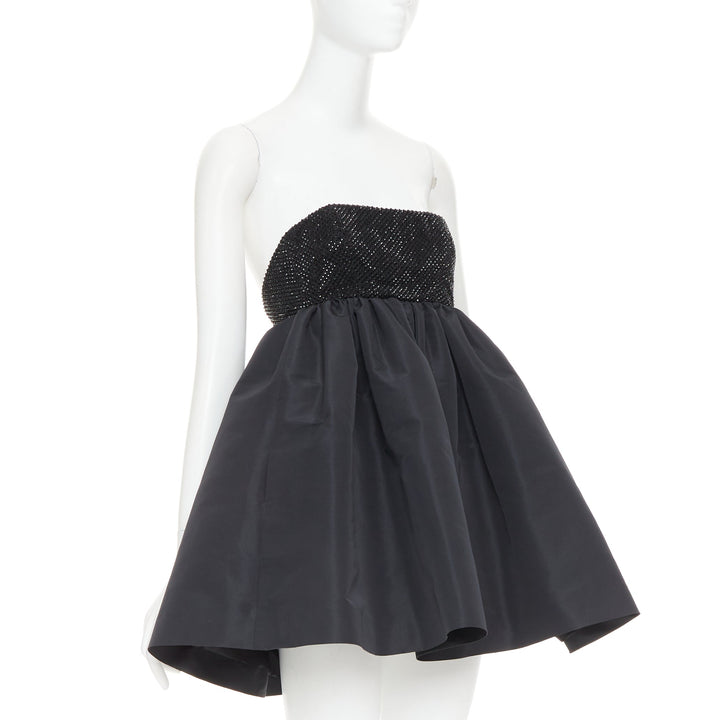 ALEXANDRE VAUTHIER black crystal strass bust flared taffeta babydoll dress