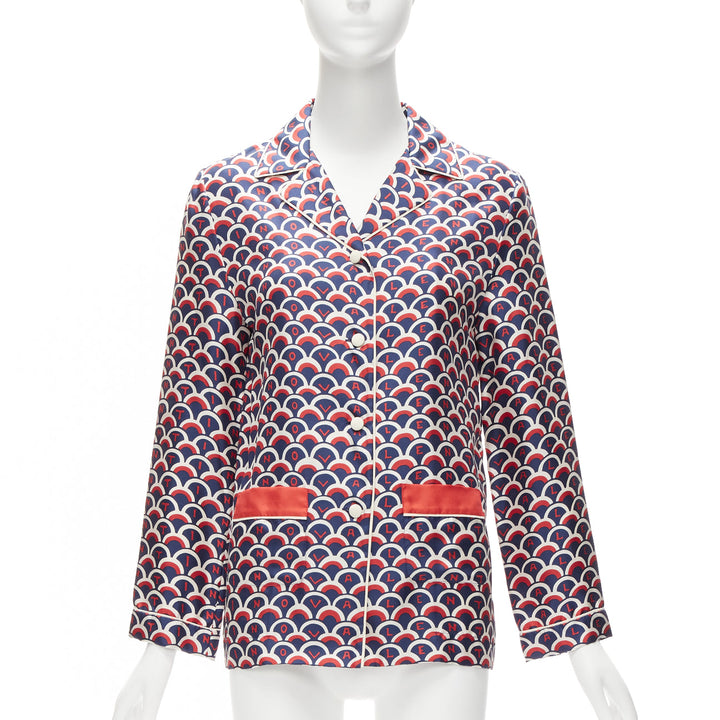 VALENTINO  100% silk Scale navy red logo print pajama shirt IT36 XXS