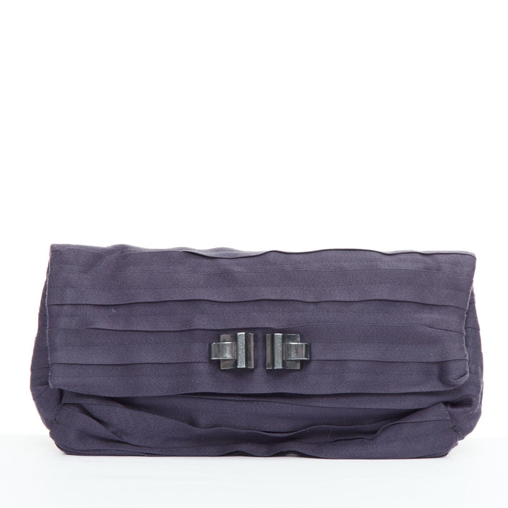 LANVIN purple satin pleated fabric silver buckle foldover clutch bag