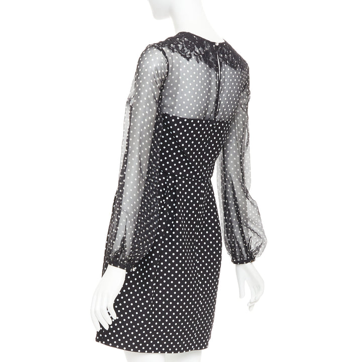VALENTINO black white wool silk crepe polka dot lace overlay pleat dress IT40 S