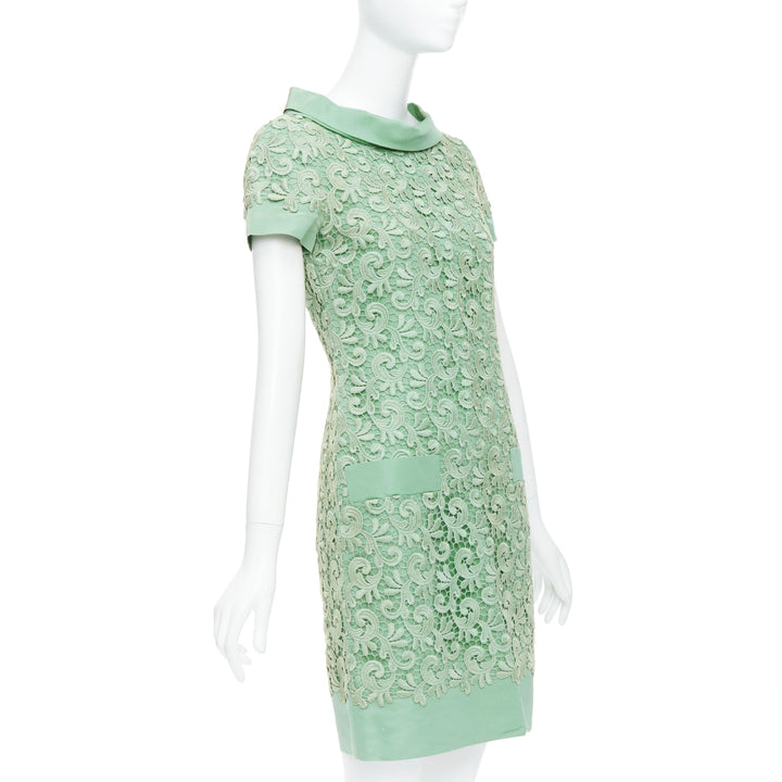 OSCAR DE LA RENTA S12 100%  green cotton lace silk stand collar dress US0 XS