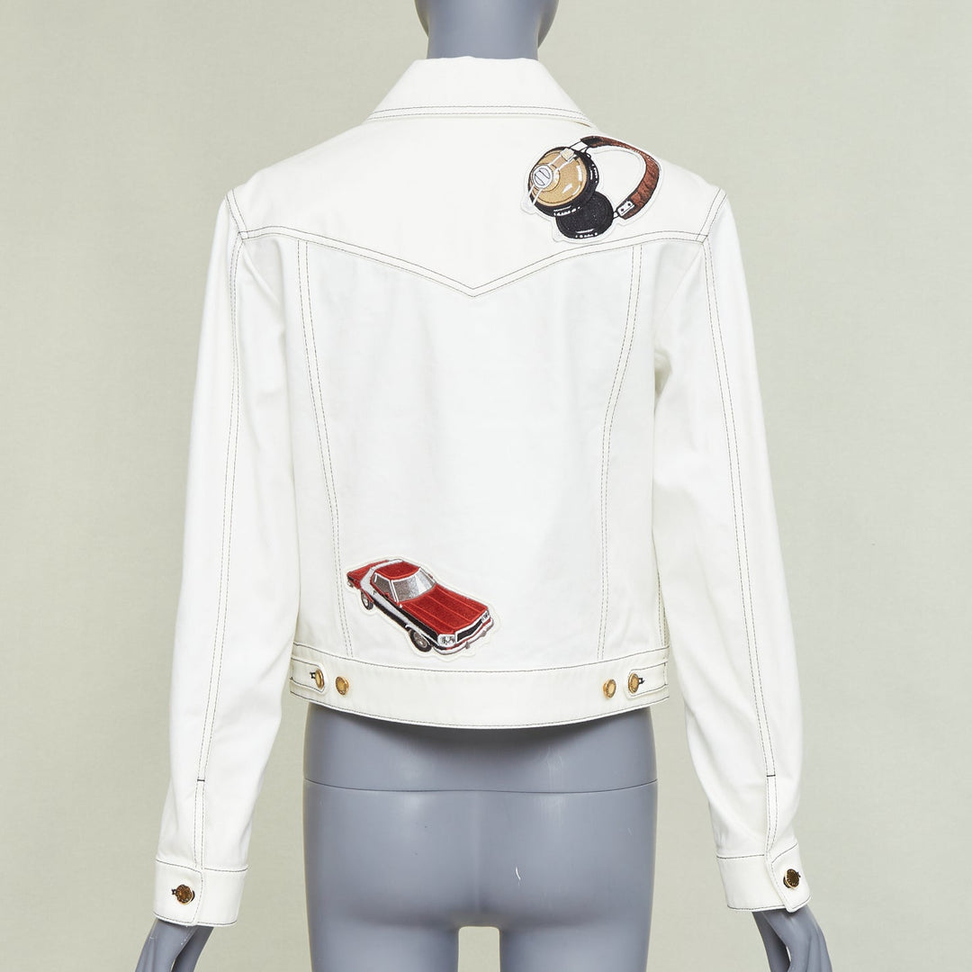 LOUIS VUITTON Virgil Abloh 2021 Runway cream denim embroidered badge coat FR36 S