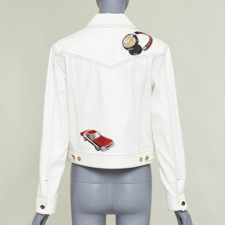 LOUIS VUITTON Virgil Abloh 2021 Runway cream denim embroidered badge coat FR36 S