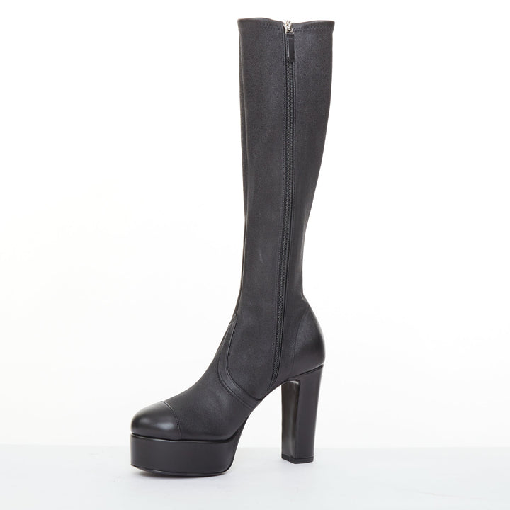 CHANEL 2024 black stretch leather cap toe platform block knee high boots EU38.5C