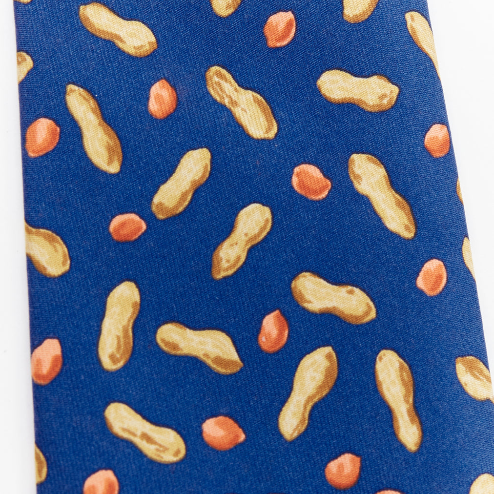 HERMES 7475 HA blue brown peanut shell nuts print silk tie