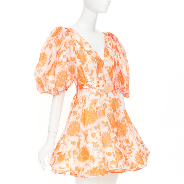 ZIMMERMANN Postcard orange floral linen silk puff sleeve flare mini dress Sz0 XS
