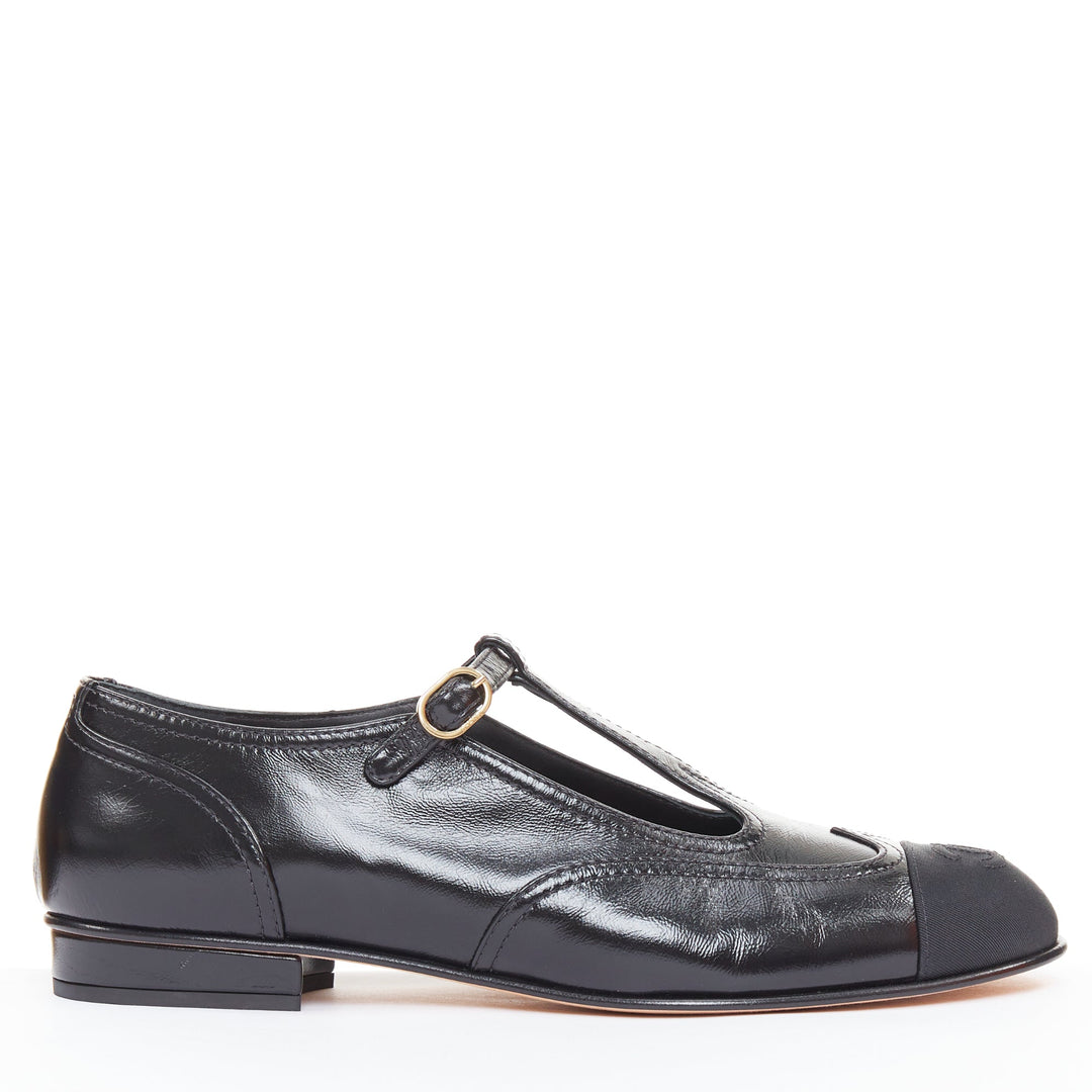 CHANEL 2023 black leather grosgrain CC cap toe T-Strap mary jane flats EU39.5