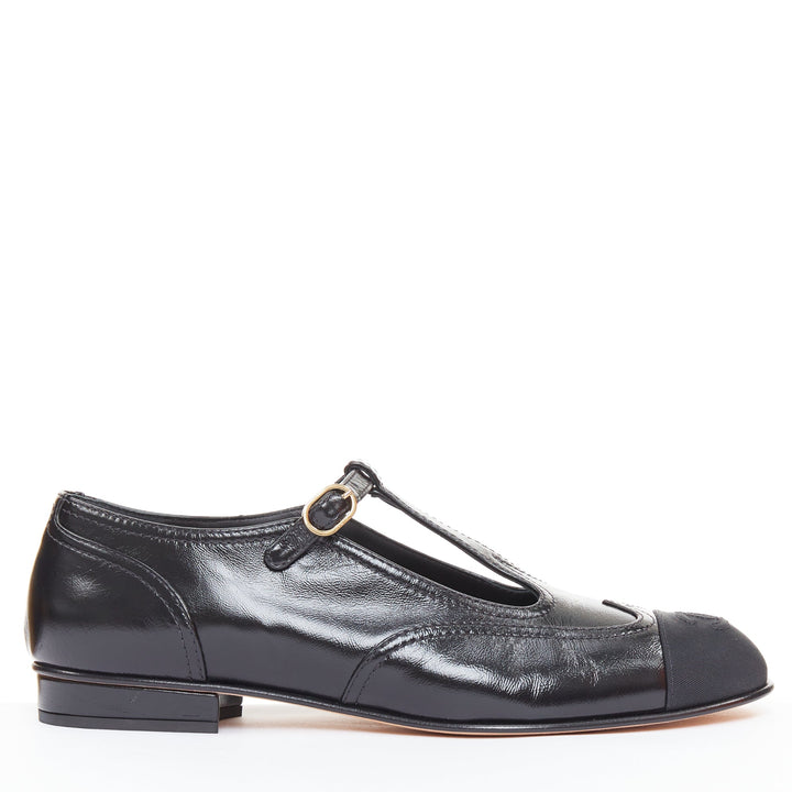 CHANEL 2023 black leather grosgrain CC cap toe T-Strap mary jane flats EU39.5