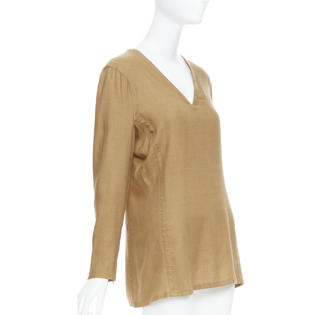 GIANFRANCO FERRE Vintage taupe cashmere silk v neck hand stitch tunic top IT42 M